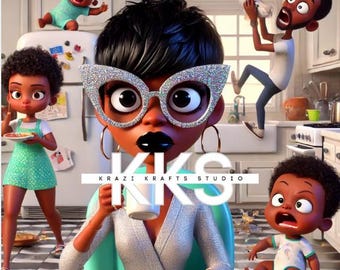 May include: A cartoon illustration of a busy mom with four children. The mom is wearing a silver and turquoise robe, large silver glasses, and black lipstick. She is holding a cup of coffee. The children are all wearing different outfits and are in various states of chaos. The text "KRAZI KRAFTS STUDIO" is visible in the image.