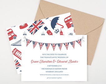 Transatlantic Wedding Save The Date, England and US, Union Jack and United States Bunting, Wedding Announcement, Civil Union, Red and Blue