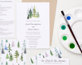 Woodland Wedding Invitations, Bohemian Watercolor Wedding Invitations, In The Woods Wedding Invitations, Watercolor Pinetrees