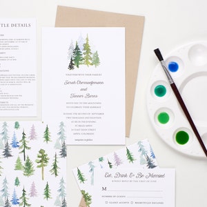 Woodland Wedding Invitations, Bohemian Watercolor Wedding Invitations, In The Woods Wedding Invitations, Watercolor Pinetrees image 1