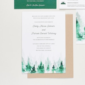 Inviti per matrimonio rustico in stile bosco, inviti per resort e campeggio, pini acquerellati, matrimonio in Colorado e Utah