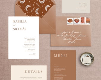 Minimal Terracotta Neutrals Boho Celestial Wedding Suite, Bespoke Boho Wedding Suite