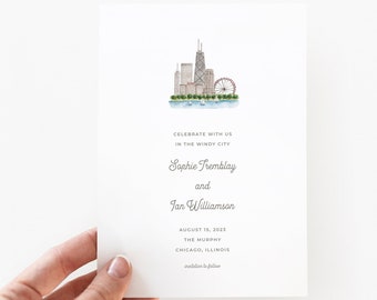 Chicago City Skyline Save The Date, Watercolor Windy City Invitation, Destination Chicago