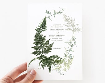 Watercolor Fern Botanical Save The Date, Woodland Watercolor, Bridal Shower, Wedding Invitation