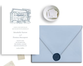 The Columns Hotel, New Orleans Save The Date, Rehearsal Dinner, Bespoke Wording and Custom Ink Colors