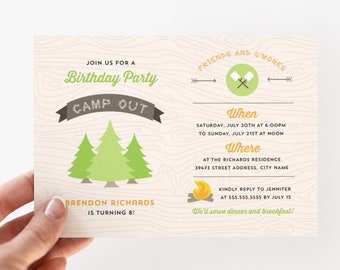 Camping Children&#39;s Party, Backyard Tent Party,  Childrens Birthday invitation