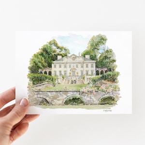 Aquarellocatie Swan House, Atlanta, Georgia, trouwaankondiging, bewaar deze datum, aquarel