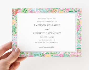 Preppy Charleston South Carolina Save The Date, Pink and Green Watercolor Invitation, Southern Bridal Shower, Rehearsal Dinner