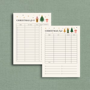 May include: Two cream-colored Christmas planning sheets. One is a gift list with columns for name, gift ideas, price, bought, and wrapped. The other is a budget sheet with columns for name, gift, budget, and spent. Both have festive tree and gift graphics.