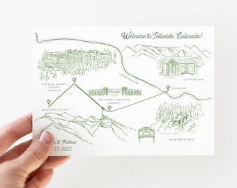 Telluride, Colorado, Peaks Resort, San Sophia Overlook,  Illustrated Custom Map, Wedding Itinerary and Agenda