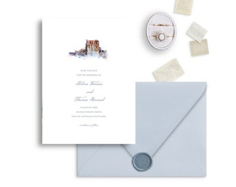 Eilean Dolan Castle Save The Date, Watercolor Scottish Destination Wedding