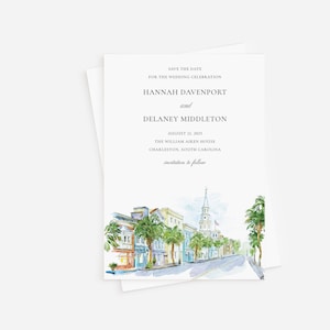 Charleston South Carolina Save The Date, Watercolor Invitation, Southern Bridal Shower, Rehearsal Dinner image 1