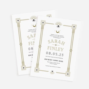 Collezione di inviti per matrimonio in stile Art Déco celeste