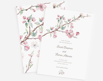 Körsbärsblom Spara datumet, Akvarell Sakura, Orangeribröllop, Möhippa, Bröllopsinbjudan