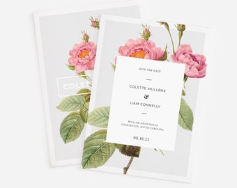 Pink Vintage Botanical Save The Date, Classical Garden Wedding Announcement