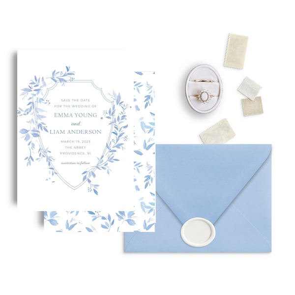 Powder Blue Watercolor Crest Invitation, Romantic Blue Save The Date, Wedding Invitation, Floral Wedding Announcement, Civil Union