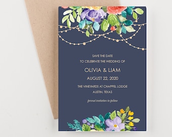 Navy Blue String of Lights and Flowers Save The Date, Watercolor Invitation