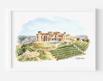 Rocky Mountain Estate & Vineyard, Malibu, California,  Save The Date, Watercolor Painting