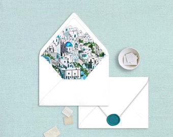 Envelope Liner Template, Santorini Greece Watercolor, Instant Download