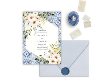 Santorini Greece Save The Date, Greek Island Destination Wedding, Greek Tiles Invitation