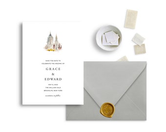 May include: Save the date card with a watercolor illustration of the New York City skyline, including a yellow taxi cab. The card reads "Save the date to celebrate the wedding of Grace & Edward, May 6, 2025, The William Vale, Brooklyn, New York."