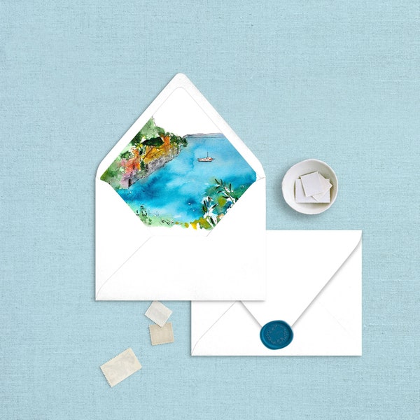 Envelope Liner Template, Portofino Italy, Watercolor, Instant Download