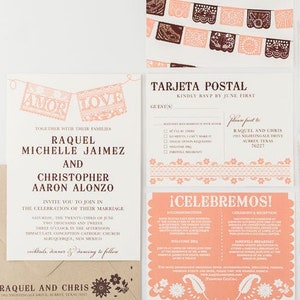 Wedding Invitation, Fiesta Papel Picado Banner Wedding Collection, Spanish Themed Wedding as featured by New Mexico Wedding Magazine