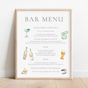 Aquarell Bar Menü, Signature Cocktails, Hochzeitsdekor, Aquarell Auftragsarbeit