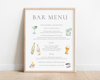 Watercolor Bar Menu, Signature Cocktails, Wedding Decor, Commissioned Watercolor Artwork