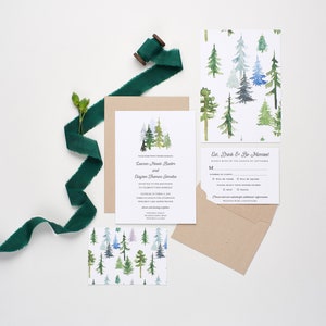 Woodland Wedding Invitations, Bohemian Watercolor Wedding Invitations, In The Woods Wedding Invitations, Watercolor Pinetrees image 5