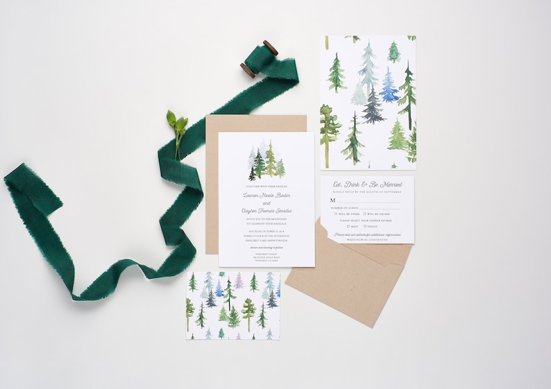 Woodland Wedding Invitations, Bohemian Watercolor Wedding Invitations, In The Woods Wedding Invitations, Watercolor Pinetrees image 5