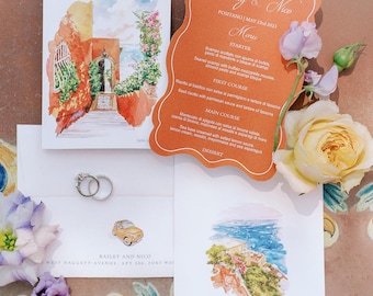 May include: A wedding invitation suite with a watercolor illustration of a building in Positano, Italy. The invitation is printed on a peach-colored card with the text "Bailey & Nico" and "Positano | May 23rd 2023". The menu card lists the starter, first course, main course, and dessert. The invitation is surrounded by flowers.