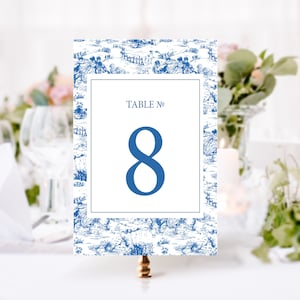 Toile Table Numbers, Instant Download, Blue Toile Table Numbers 1-12