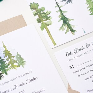 Woodland Wedding Invitations, Bohemian Watercolor Wedding Invitations, In The Woods Wedding Invitations, Watercolor Pinetrees image 3