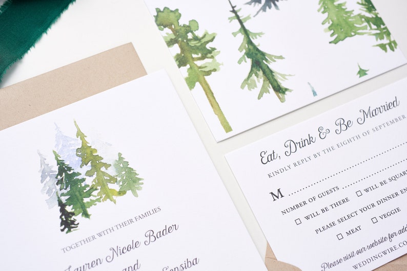 Woodland Wedding Invitations, Bohemian Watercolor Wedding Invitations, In The Woods Wedding Invitations, Watercolor Pinetrees image 3