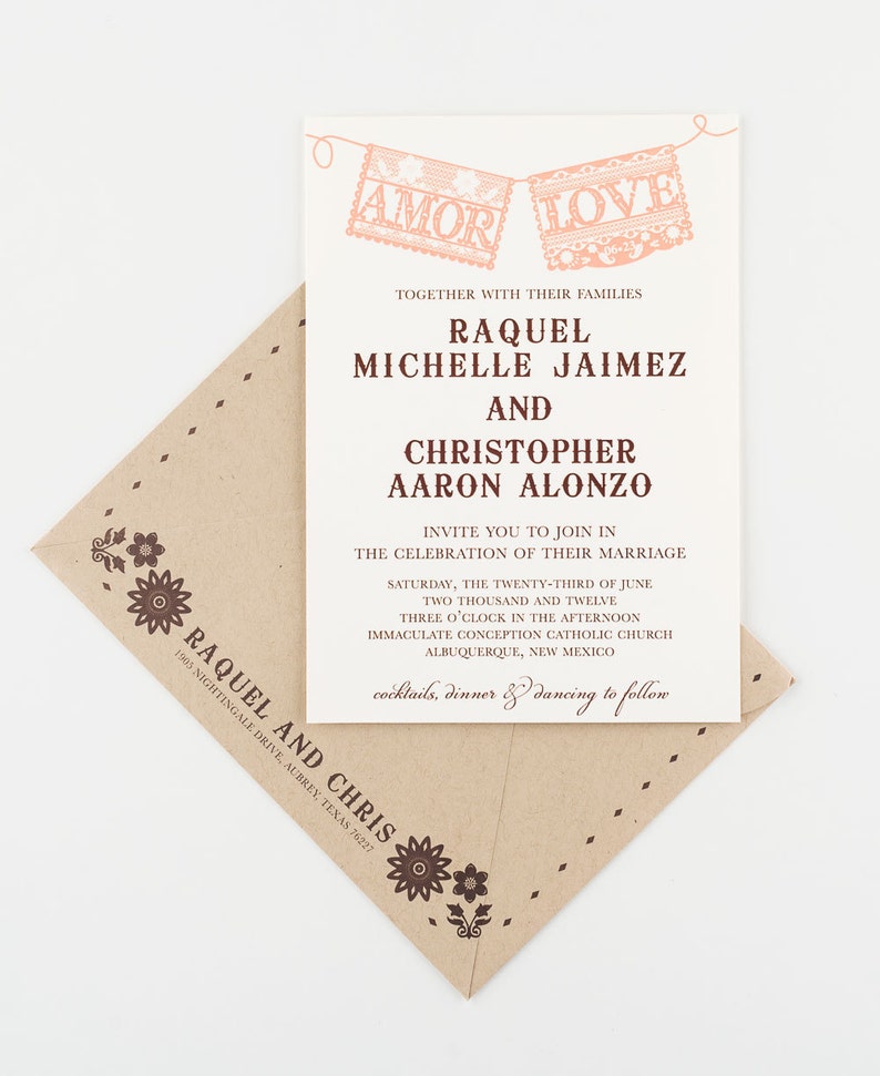 Wedding Invitation, Fiesta Papel Picado Banner Wedding Collection, Spanish Themed Wedding as featured by New Mexico Wedding Magazine image 4