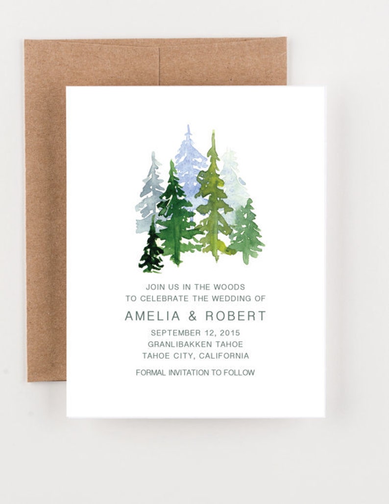 Woodland Wedding Invitations, Bohemian Watercolor Wedding Invitations, In The Woods Wedding Invitations, Watercolor Pinetrees image 6