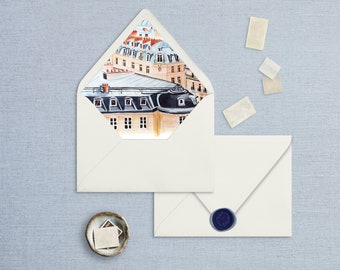 Envelope Liner Template, Blue Roofs of Paris, Francophile Liner, Instant Download