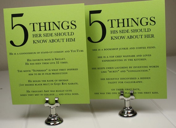 Wedding Reception Cards Five Things About Him And Her Etsy