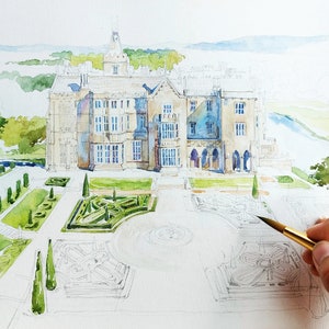 Aquarell-Hochzeitsort, Auftragskunstwerk, maßgeschneiderte Aquarellmalerei, Illustration. Wappen und Karten