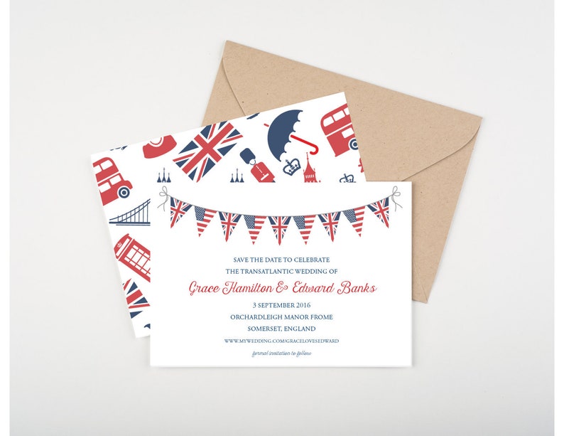 Transatlantic Wedding Save The Date, England and US, Union Jack and United States Bunting, Wedding Announcement, Civil Union, Red and Blue 
