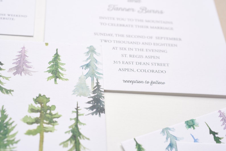 Woodland Wedding Invitations, Bohemian Watercolor Wedding Invitations, In The Woods Wedding Invitations, Watercolor Pinetrees image 10