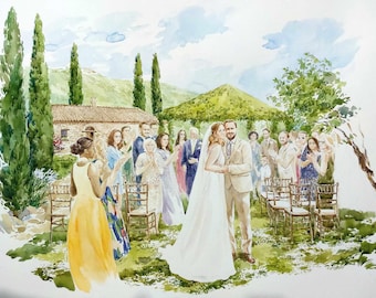 Op de afbeelding: Een aquarel schilderij van een huwelijksceremonie in een tuinsetting. De bruid en bruidegom staan in het midden van de afbeelding, omringd door gasten die op een rij stoelen zitten. De ceremonie vindt plaats voor een stenen gebouw met een groen dak.