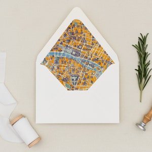 Plantilla para sobre, mapa vintage de monumentos de París, descarga instantánea