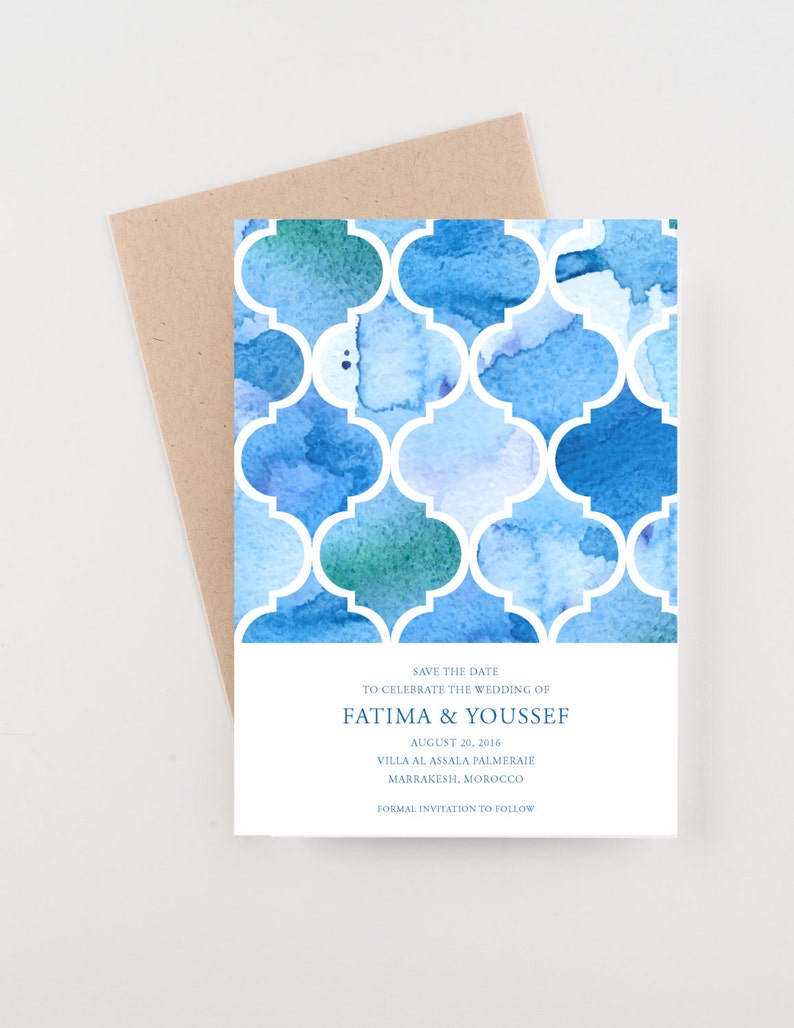 Moroccan-themed Wedding Invitation and Save the Date Cards - Blue Watercolor