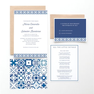 Spanish Tile Wedding Invitation, Mexican or Spanish Destination Wedding, Blue and White Spanish Tiles