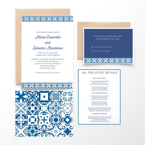 Spanish Tile Wedding Invitation, Mexican or Spanish Destination Wedding, Blue and White Spanish Tiles