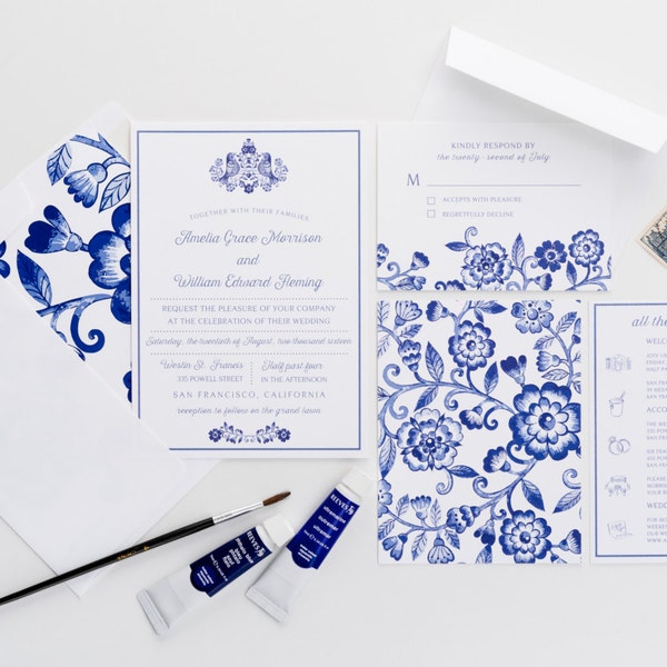 Blue Floral Wedding Invitations - Watercolor Blue Invitations - China Pattern Wedding Invitations