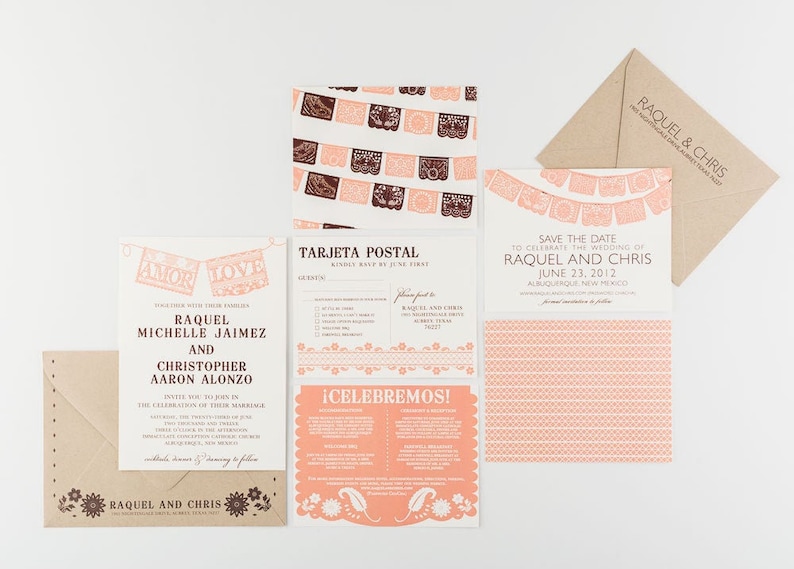Wedding Invitation, Fiesta Papel Picado Banner Wedding Collection, Spanish Themed Wedding as featured by New Mexico Wedding Magazine image 1