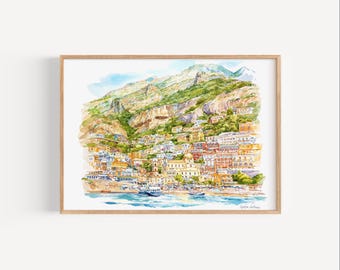 Positano, Italy, Almalfi Coast, Watercolor Painting
